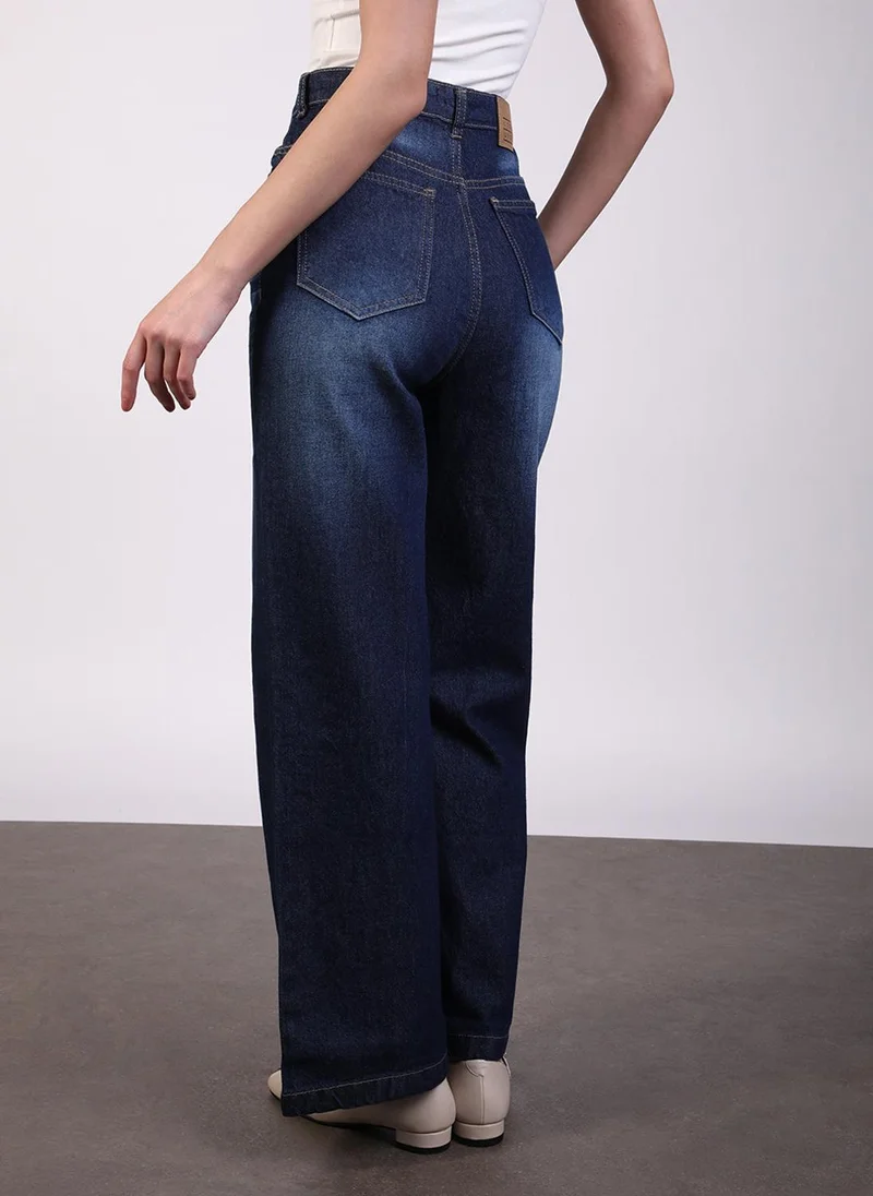 Urbano Fashion  Urbano Fashion Women's Dark Blue Regular Fit Wide Leg Washed Jeans for Women | Best Price UAE